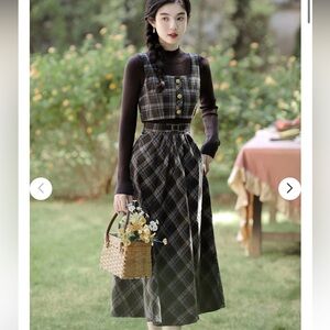 The Cottagecore Dark Academia Brown Blue Plaid Skirt Vest Set S/XS